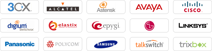 VoIP and PBX Suppliers include 3CX, Alcatel, Asterisk, Avaya, Cisco, digium, elastix, epygi, LG, Linksys, Panasonic, Polycom, Samsung, talkswitch and trixbox